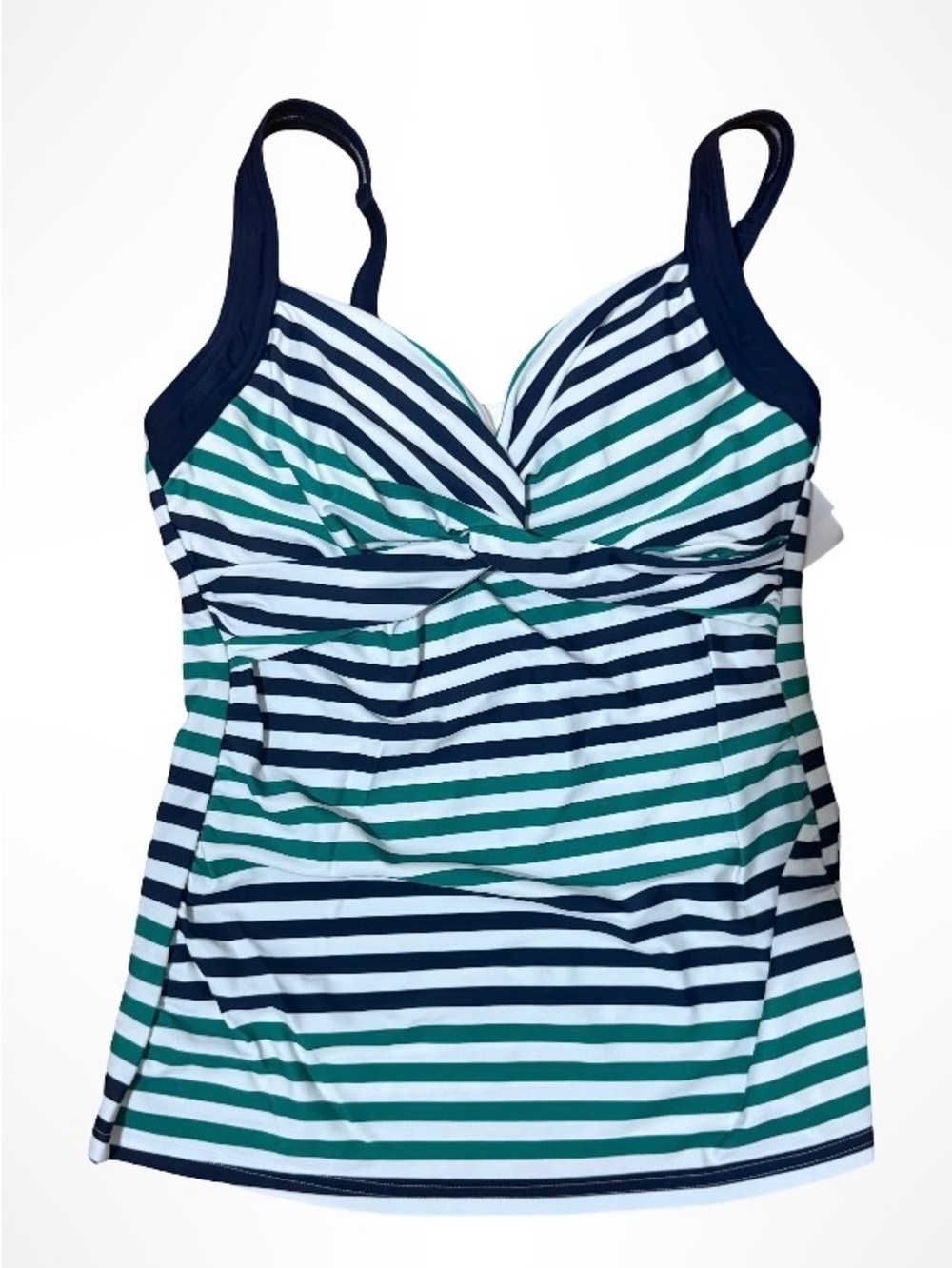 Lands' End White Tankini with Green & Navy Stripes